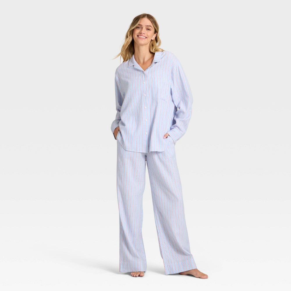 Women's Flannel Long Sleeve Button Down Shirt and Pants Pajama Set - Auden™ Blue/Red Stripe S