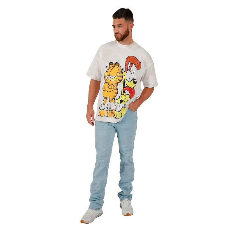 Garfield Odie & Garfield Logo Crew Neck Short Sleeve Oversized Drop Shoulder White & Brown Wash Men's T-shirt, 4 of 5