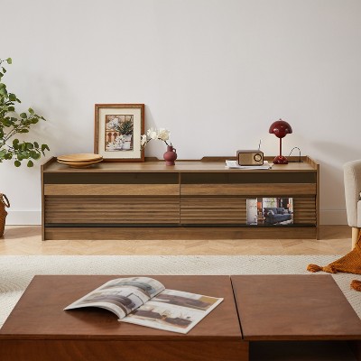 VYNXARIA Modern TV Stand,4 Drawer Design with Tempered Glass,Versatile for Any Decor Style,Walnut