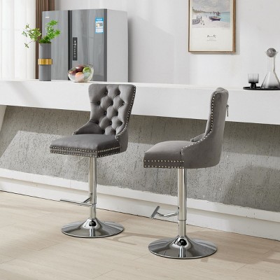 Set of 2 Swivel Velvet Bar Stools with Backs, Adjustable Height, Upholstered Barstools with Chrome Base for Kitchen Island or Bar - Cuddlewood