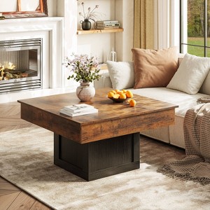 WOWLIVE Square Lift Top Coffee Table with Storage and LED, Farmhouse Wood Living Room Table, Modern Accent Table for Office Apartment, Rustic Brown - 1 of 4