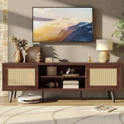 Bestier Mid-century Modern Tv Stand For 70" Tv ,media Console With Natural Rattan Sliding Door