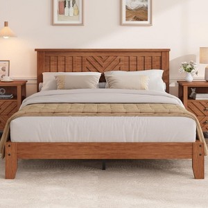 Acekool Full Size Wooden Platform Bed Frame with Headboard, Mattress Foundation, Slat Support, Under-Bed Storage, Easy Assembly, Light Brown - 1 of 4