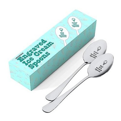 Impresa [2 Pack] Mine and Yours Ice Cream Spoons - Long Handled Engraved Ice Cream Spoon - Stainless Steel