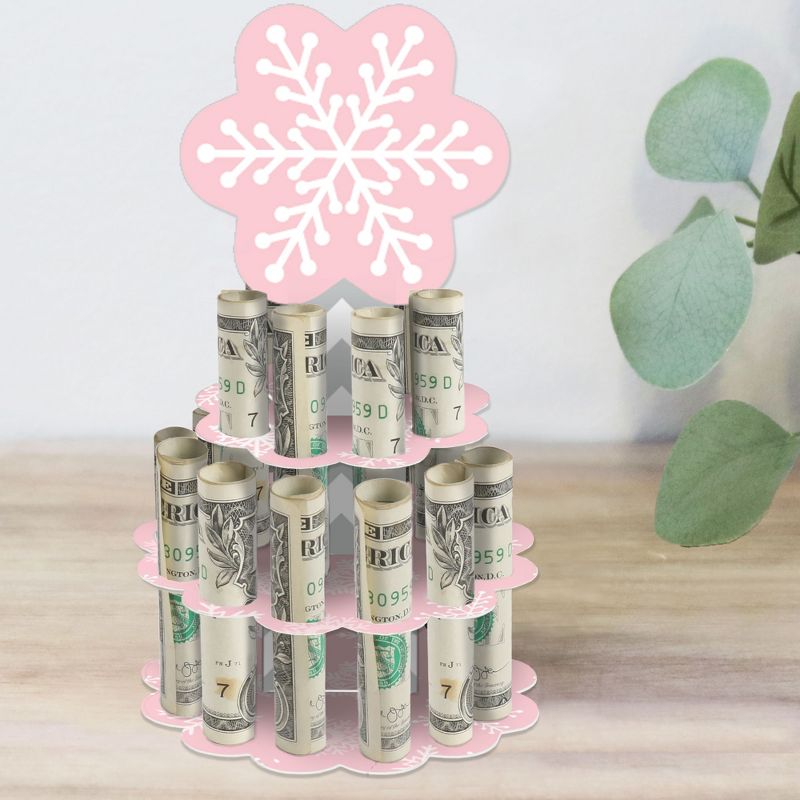 Big Dot of Happiness Pink Winter Wonderland - DIY Holiday Snowflake Birthday Party and Baby Shower Money Holder Gift - Cash Cake, 1 of 8