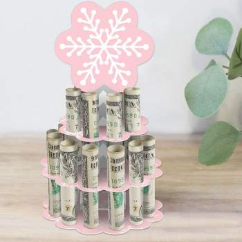 Big Dot of Happiness Pink Winter Wonderland - DIY Holiday Snowflake Birthday Party and Baby Shower Money Holder Gift - Cash Cake