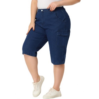 Agnes Orinda Women's Plus Size Jeans Zipper Slash Pocket Button Denim Cargo Shorts