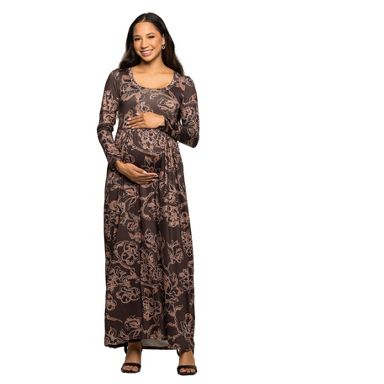 24seven Comfort Apparel Women's Maternity Brown Blush Floral Long Sleeve Scoop Neck Maxi Dress, Small