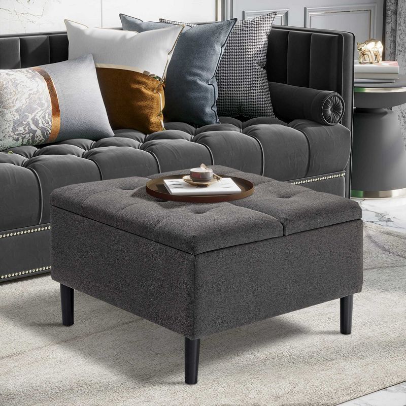 HOMCOM 30" Storage Ottoman, Tufted Fabric Upholstered Square Coffee Table with Lift Top, Accent Footrest Footstool for Living Room, 2 of 7