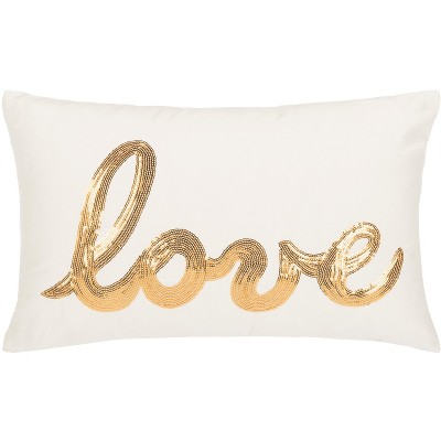 First Comes Love Pillow - Gold/Cream - 12" x 18" - Safavieh