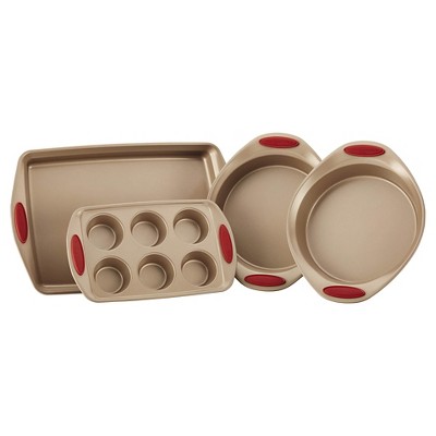 Latte Brown Nonstick Bakeware Set with Cranberry Red Grips, 4 Piece