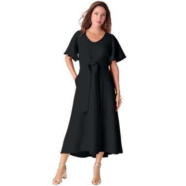 Roaman's Women's Plus Size Flutter Sleeve V-Neck Fit and Flare Bi-Stretch Maxi Dress, Size: 32W, Black