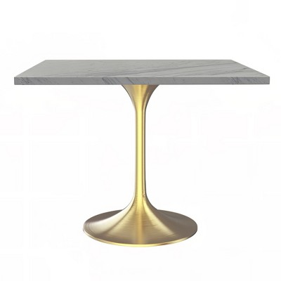 LeisureMod Verve 27" Square Dining Table - Modern Resin Top with Brushed Gold Pedestal Base Accent Side Table for Contemporary Kitchen and Home