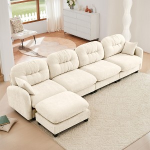 Beige Modular Sectional L Shaped Chenille Fabric Sofa with Ottoman High Quality Wooden Base for Living Rooms - 1 of 4