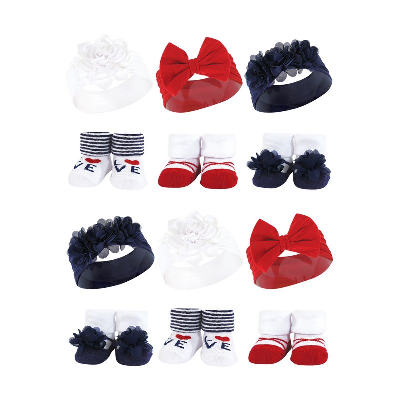 Hudson Baby Infant Girl 12Pc Headband and Socks Giftset, Navy Red, One Size, 1 of 3