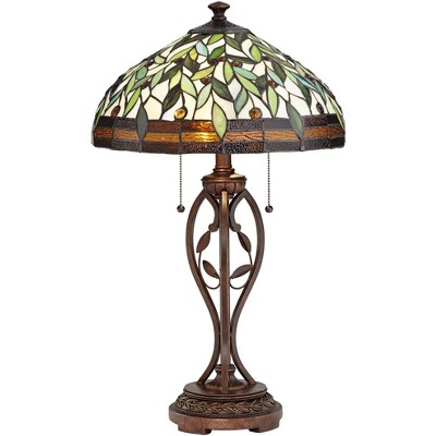 Robert Louis Tiffany Traditional Table Lamp with Table Top Dimmer Bronze Leaf Vine Stained Glass Shade Living Room Bedroom House