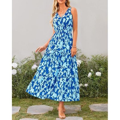 Womens Summer Dress V Neck Elastic Waist Sleeveless Floral Elegant Casual Maxi Dress