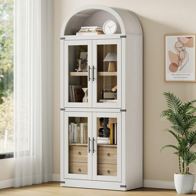 Arched Pantry Cabinet with Doors 71.4in Tall Wood Bookcase with 2 Drawers