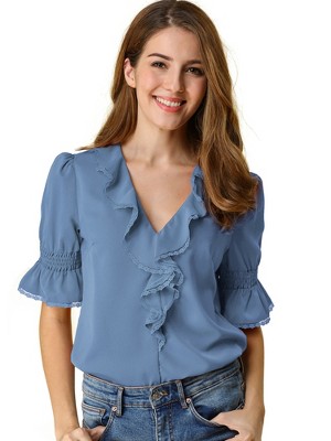 INSPIRE CHIC Women's Ruffle V Neck Puff Sleeve Summer Casual Chiffon Peasant Top