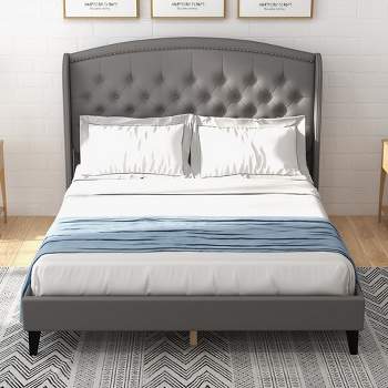 Trinity KingSize Bed Frame, Upholstered Platform Bed with Wingback Headboard and Button Tufted Design, LightGray