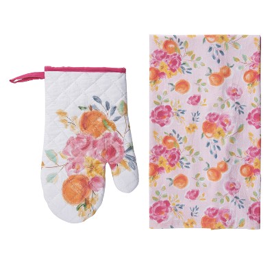 Transpac Cotton 10 in. Floral Mitt and Tea Towel Set of 2