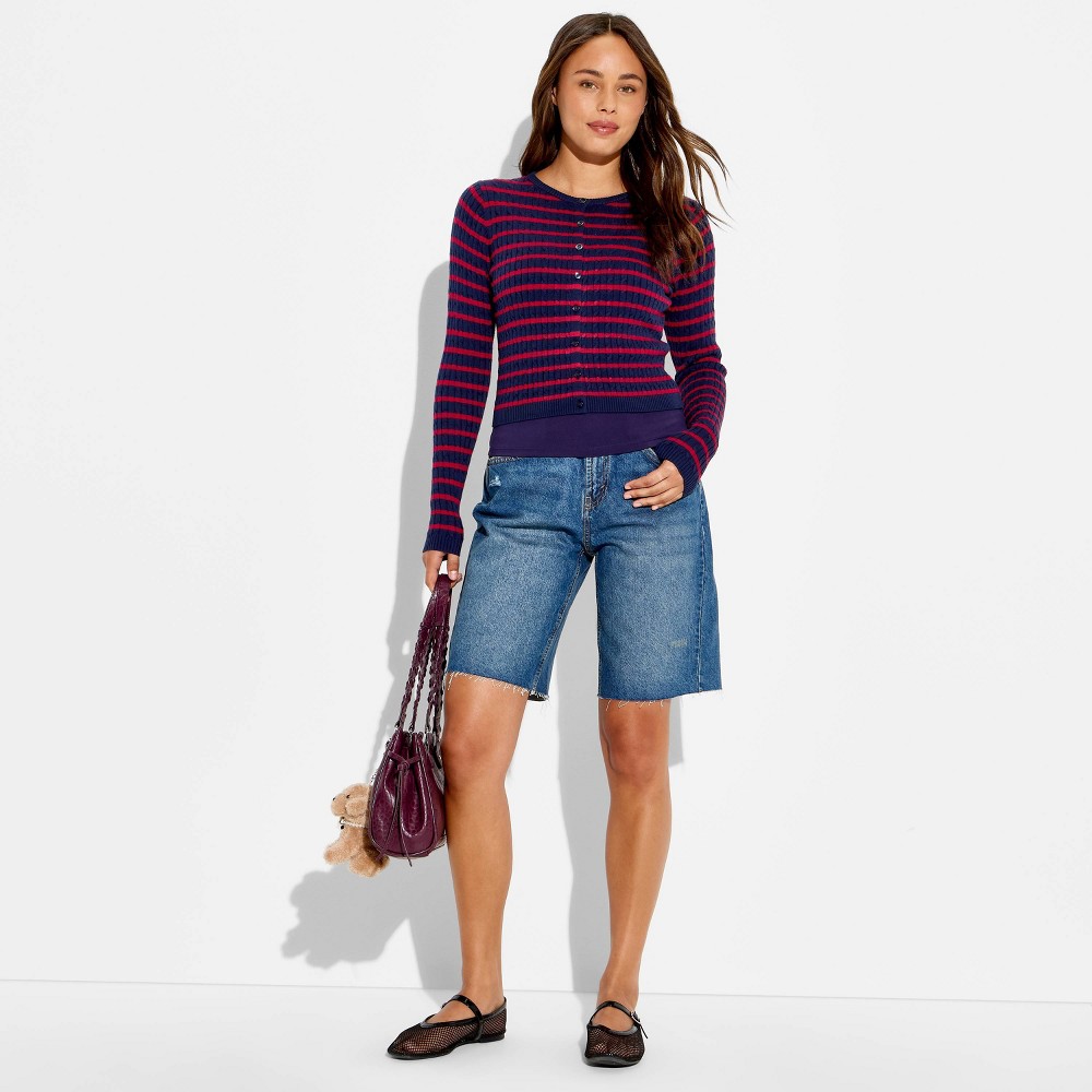 Women's Crewneck Baby Cable Cardigan - Wild Fable™ Red Striped XXS