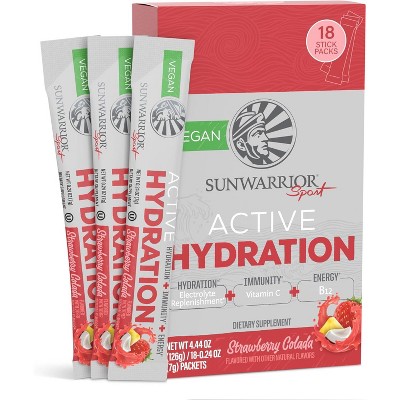 Active Hydration Powder Sugar Free B12 Elderberry & Electrolytes Water Enhancer, Sunwarrior, Blue Raspberry, Strawberry Colada or Pineapple, 18 Sticks