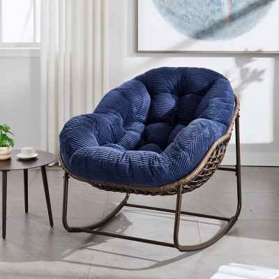 Living Room Rattan Woven Rocking Chair,Velvet Upholstered Recliner Chair With Metal Frame,Egg Chair For Outdoor Patio Bedroom-Coolbibila