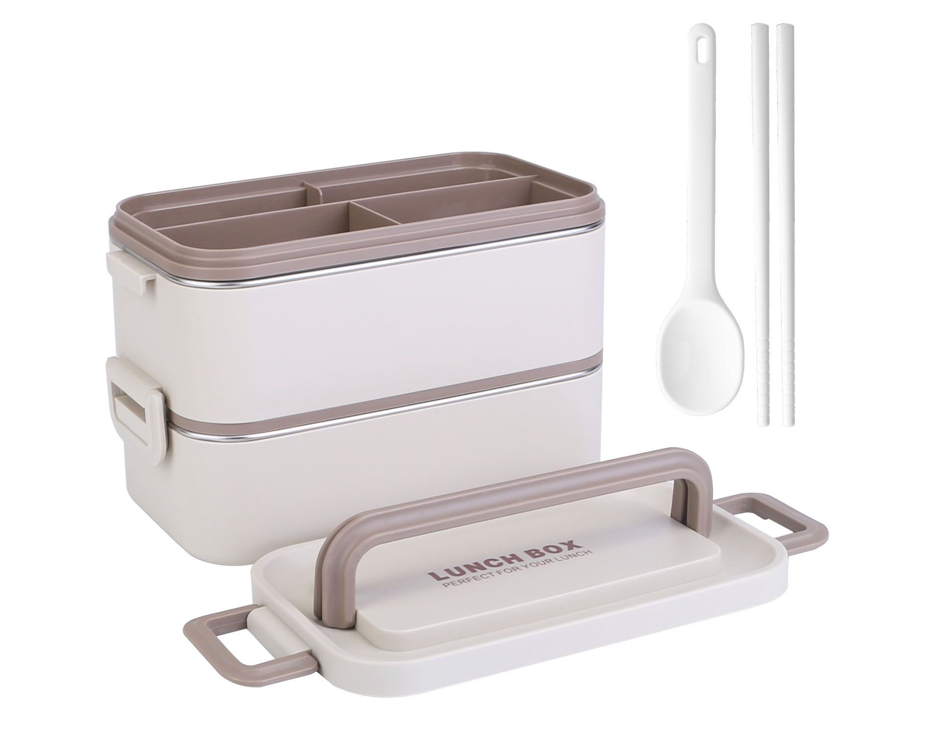 NewHome"3-Stack Leakproof Bento Lunch Box with Chopsticks, Spoon, Microwave & Dishwasher Safe"Beige