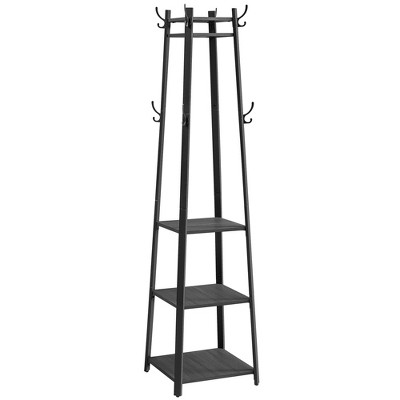 Industrial Black Steel Coat Rack with Shelves and Hooks