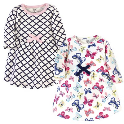 Image of Touched by Nature Baby and Toddler Girl Organic Cotton Long-Sleeve Dresses 2pk, Bright Butterflies, 3-6 Months