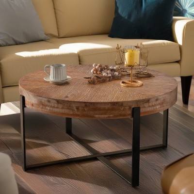 Lovmor 33.86"Modern Retro Splicing Round Coffee Table,Fir Wood Table Top with Gold Cross Legs Base
