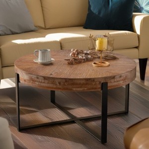 Lovmor 33.86"Modern Retro Splicing Round Coffee Table,Fir Wood Table Top with Gold Cross Legs Base - 1 of 4