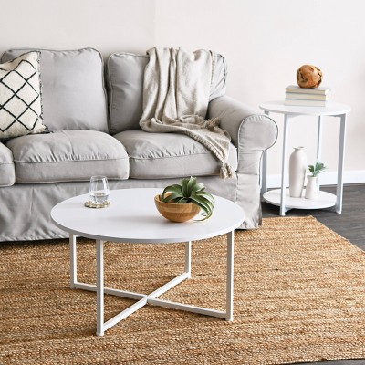 Modern Minimalist Round White Metal Coffee Table with Laminate Finish
