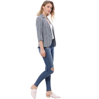 Allegra K Women's Striped 3/4 Sleeves Open Front Casual Notched Lapel Blazer Pink Small — фото 4