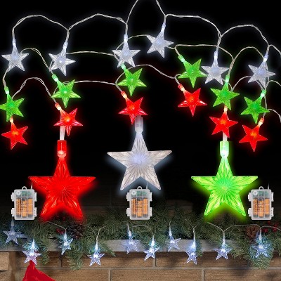 SCS Direct Stars 10ft String Light 3 Pack (Red, Green, White) 60 Total LED Fairy Lights- Waterproof Battery Pack- Indoor/Outdoor Decorations