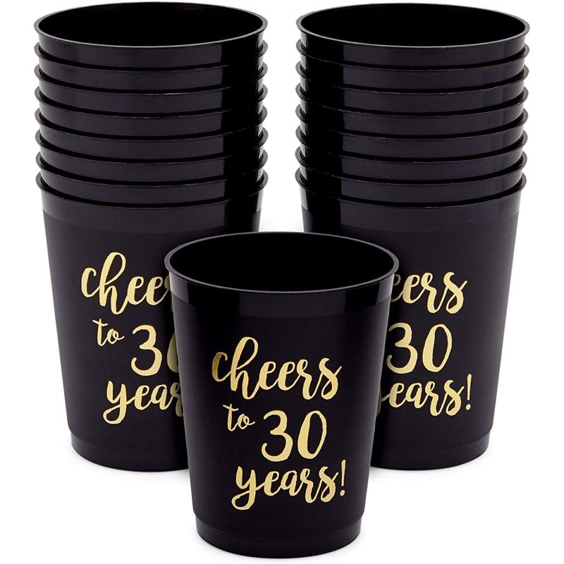 Sparkle and Bash 16 Pack Black Plastic Tumbler Cups for 30th Party, Cheers to 30 Years (16 oz), 1 of 7
