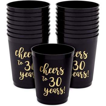 Sparkle and Bash 16 Pack Black Plastic Tumbler Cups for 30th Party, Cheers to 30 Years (16 oz)