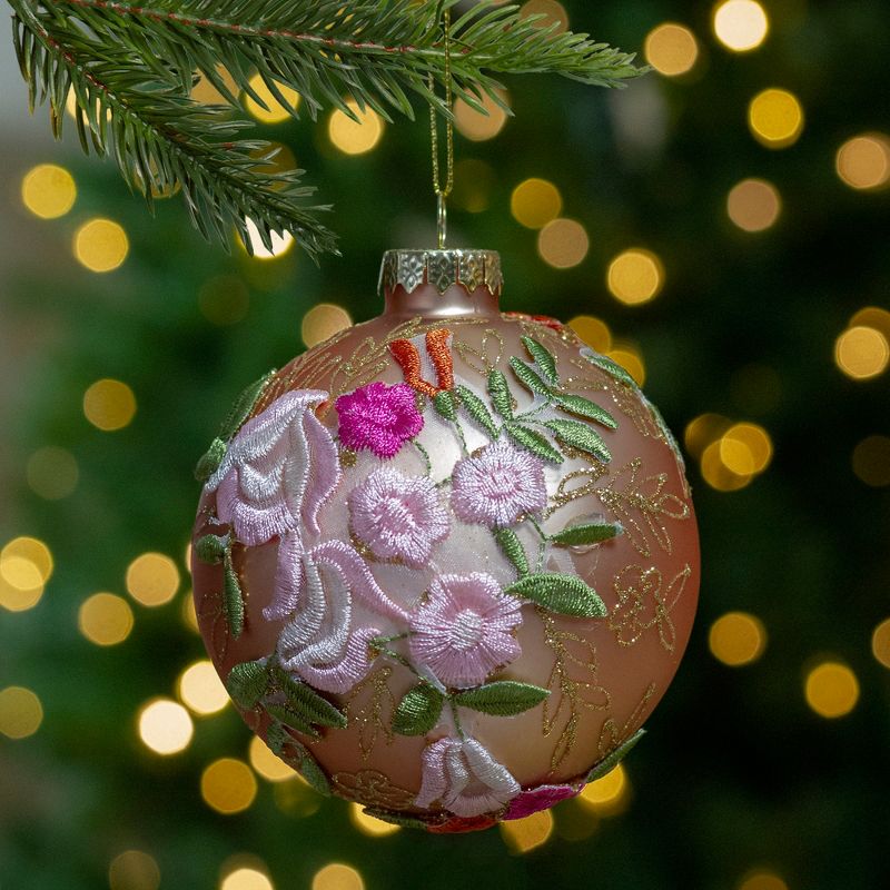 Northlight 2-Finish Pink Floral Applique Glass Christmas Ball Ornament 4" (100mm), 2 of 5