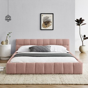 Queen Size Platform Bed with Chenille Upholstered Headboard, Low Profile Grounded Design Frame Bed for Bedroom-Baofuwish - 1 of 4