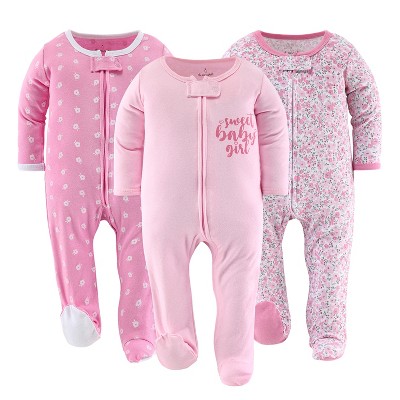 The Peanutshell Floral Love Baby Sleepers for Girls, 3 Pack Footed Pajama Set, Newborn