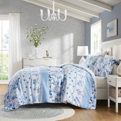 Blue Floral Striped Twin/Twin XL Microfiber Duvet Cover Set