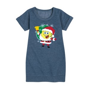Girls' - SpongeBob SquarePants - Santa Spongebob Graphic Short Sleeve Fleece Dress - 1 of 4