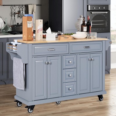 Wood Top Kitchen Island Cart with Wheels, 4 Doors & 5 Drawers, Rolling Storage Cabinet for Kitchen or Dining-The Pop Home