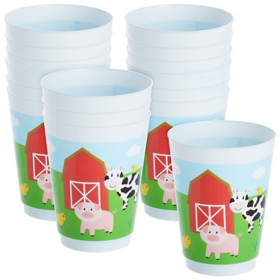 Blue Panda 16 Pack 16 oz Farm Animal Cups for Birthday Supplies, Barnyard Party Favors (Plastic)