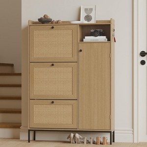 3-Tier Rattan Shoe Cabinet with Flip Drawers and Adjustable Shelves,  Top Grate, Narrow Shoe Storage Organizer for Entryway, Hallway, or Bedroom - 1 of 4