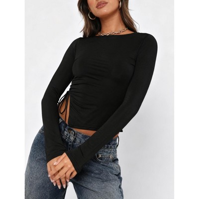 Women's Cowl Neck Long Sleeve T Shirt with Side Slit Tie Detail Regular Fit Crew Neck Basic Top