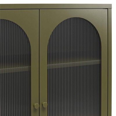 Olive Green Metal Accent Cabinet with Fluted Glass Doors