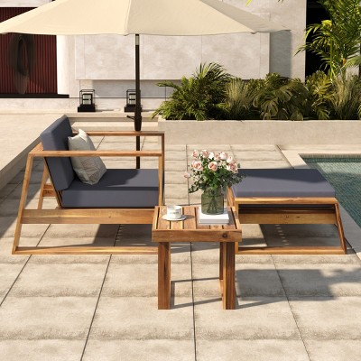 Acacia Wood Outdoor Lounge Set, Patio Furniture Sets 3 Piece With Chair & Ottoman & Table, Patio Set With Cushion-Cuddlewood