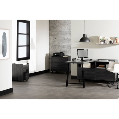Gray Oak L-Shaped Computer Desk with Power Outlet and Filing Cabinet